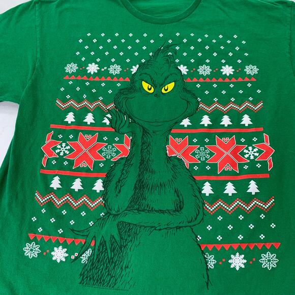 Grinch Mens 2XL Christmas Fair Isle Green Short Sleeve Tee Shirt Holiday Whovill - Picture 3 of 6